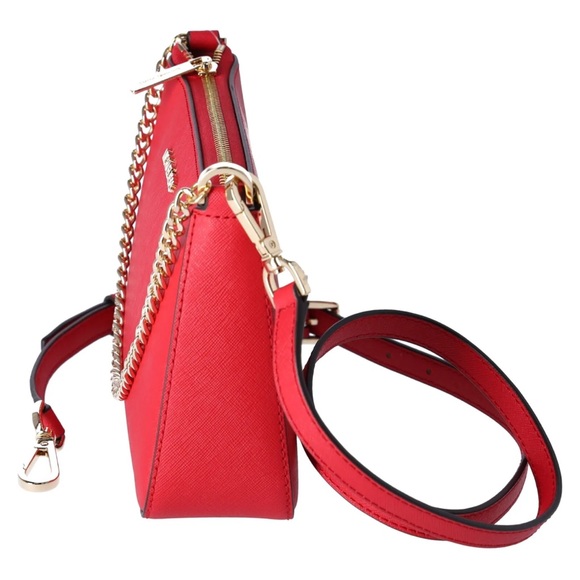 Michael Kors Jet Set Travel Medium Zip Pouchette Crossbody Bright Red Leather - Picture 7 of 8